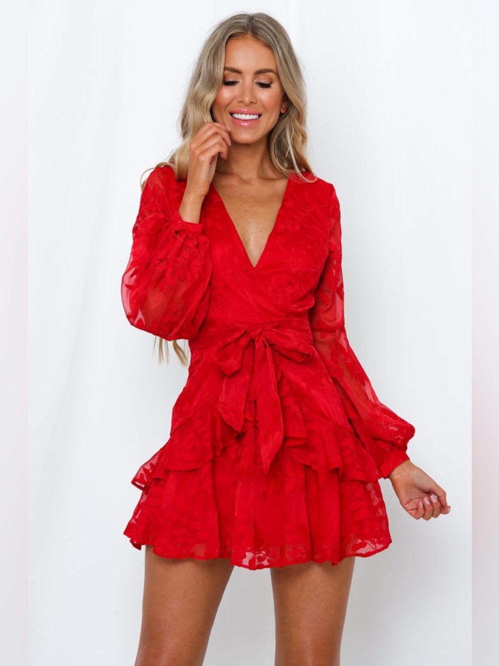 Hello Molly I Heard A Rumor Red Embroidered Long Sleeve Flounce Mini Dress US 6 - Picture 4 of 14